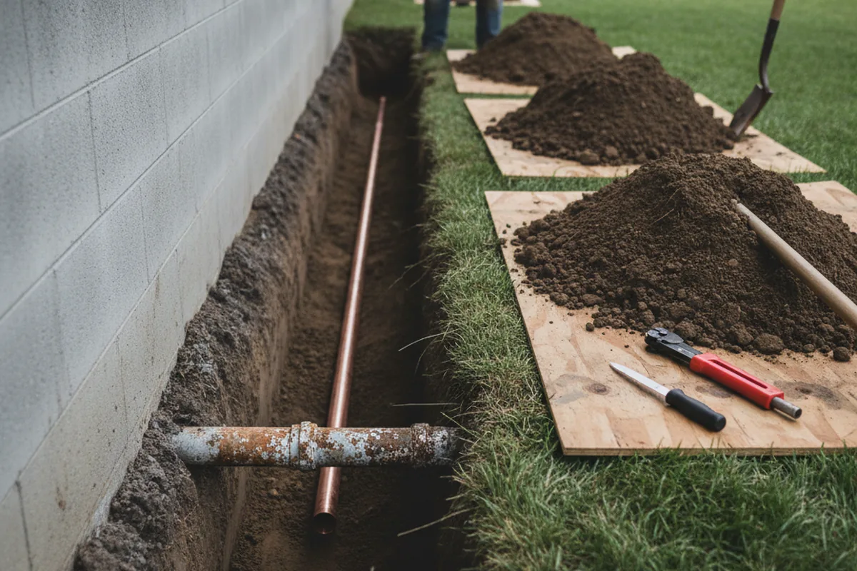 Excavated water line trench during Sewer Line Repair in Pottsboro